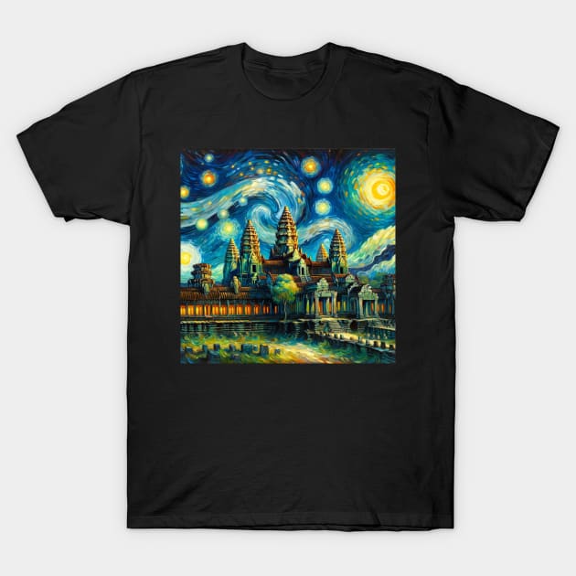 Angkor Wat Cambodia Starry Night - Beautiful Iconic Places T-Shirt by Edd Paint Something